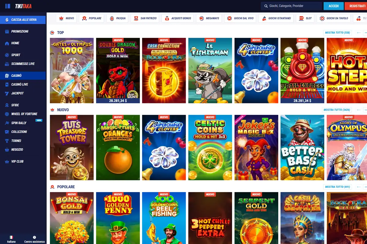 Lobby giochi Tikitaka Casino su mobile con slot e categorie